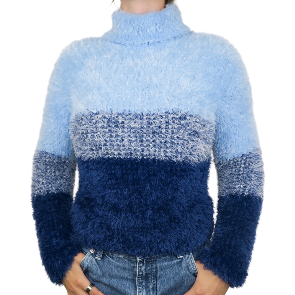 Vintage 90s Girl Identity Blue Striped Eyelash Turtleneck Sweater